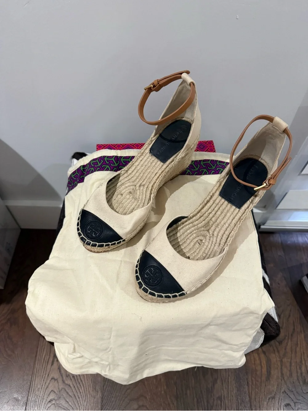 Tory Burch Cream Canvas Espadrille Wedge with Black Cap Toe